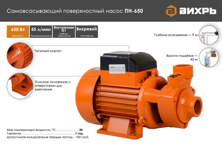 Насос самовсасывающий ВИХРЬ ПН-650 68/4/5