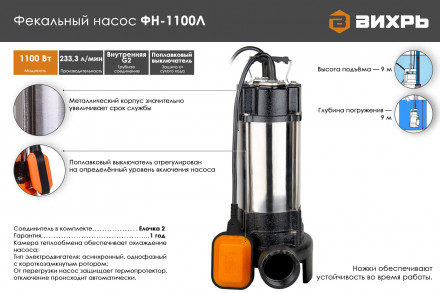 Насос фекальный Вихрь ФН-1100Л 68/5/4