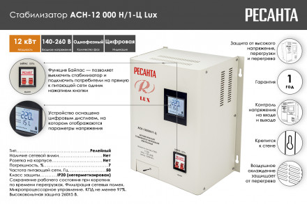 Стабилизатор напряжения Ресанта &quot;LUX&quot; АСН-12000Н/1-Ц 63/6/22