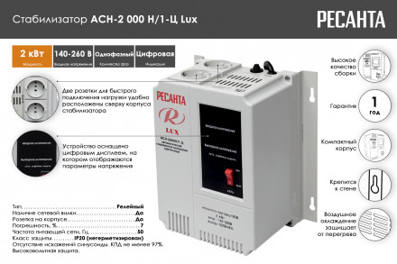 Стабилизатор напряжения Ресанта &quot;LUX&quot; АСН-2000Н/1-Ц 63/6/15